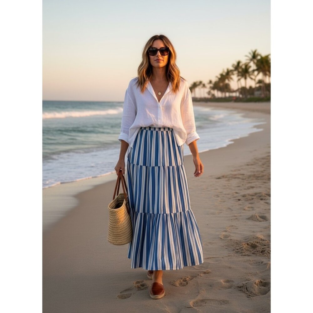 Solid & Striped Addison Maxi Skirt XL‎ Tiered Boho Beach Resort Blue White